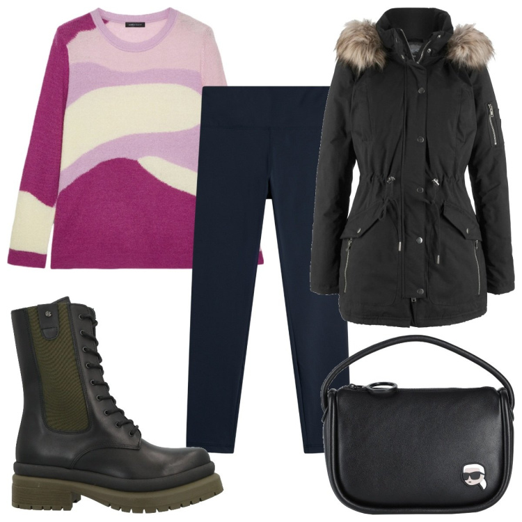 Outfit donna - Revival Anni \'90: leggings e anfibi. Stile Trendy per Tutti i giorni. Abbinamento con parka, anfibi, borse a mano, leggings, maglieria.