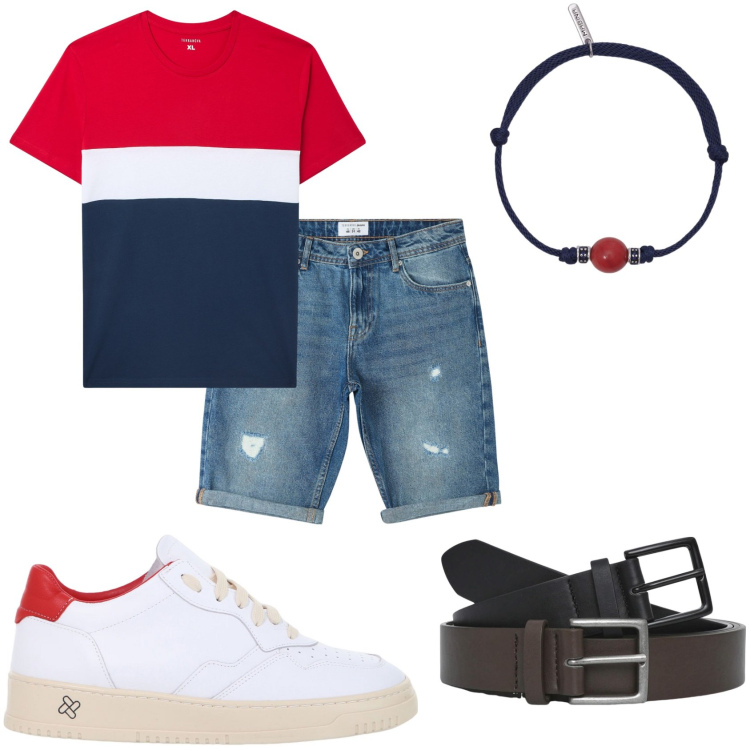Outfit uomo - Torna il caldo. Stile Casual per Tutti i giorni. Abbinamento con t-shirt, bermuda, cinture, braccialetti, sneakers.