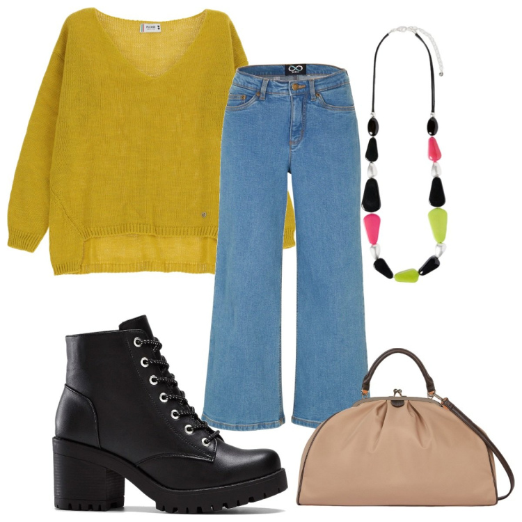 Outfit donna - Total look #2046197. Stile 70s per Tutti i giorni. Abbinamento con jeans, stivaletti, maglieria, borse a spalla, collane.