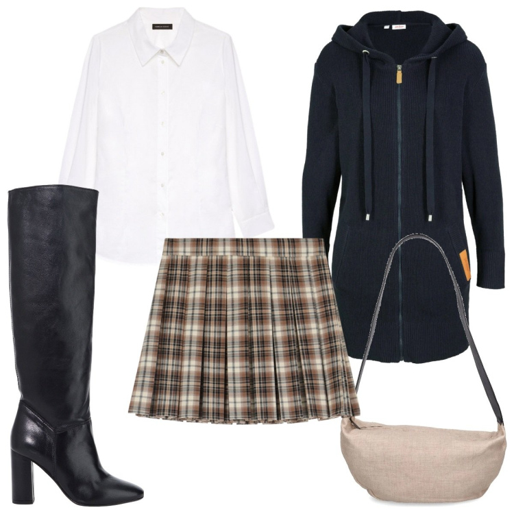 Outfit donna - Total look #2046203. Stile Trendy per Tutti i giorni. Abbinamento con cardigans, minigonne, stivali, camicie, borse a spalla.