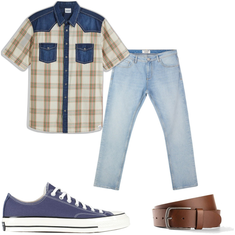 Outfit uomo - Semplice con poco. Stile Urban per Tutti i giorni. Abbinamento con cinture, camicie a manica corta, sneakers, jeans.