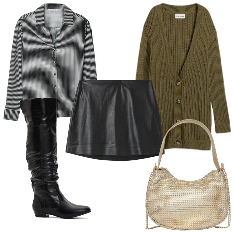 Outfit donna - Total look #2046206. Stile Trendy per Tutti i giorni. Abbinamento con stivali sopra il ginocchio, cardigans, camicie, minigonne, borse a spalla.