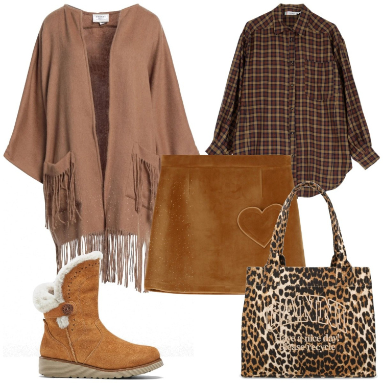 Outfit donna - Total look #2046213. Stile Trendy per Tutti i giorni. Abbinamento con stivali, cardigans, camicie, minigonne, shopping bag.