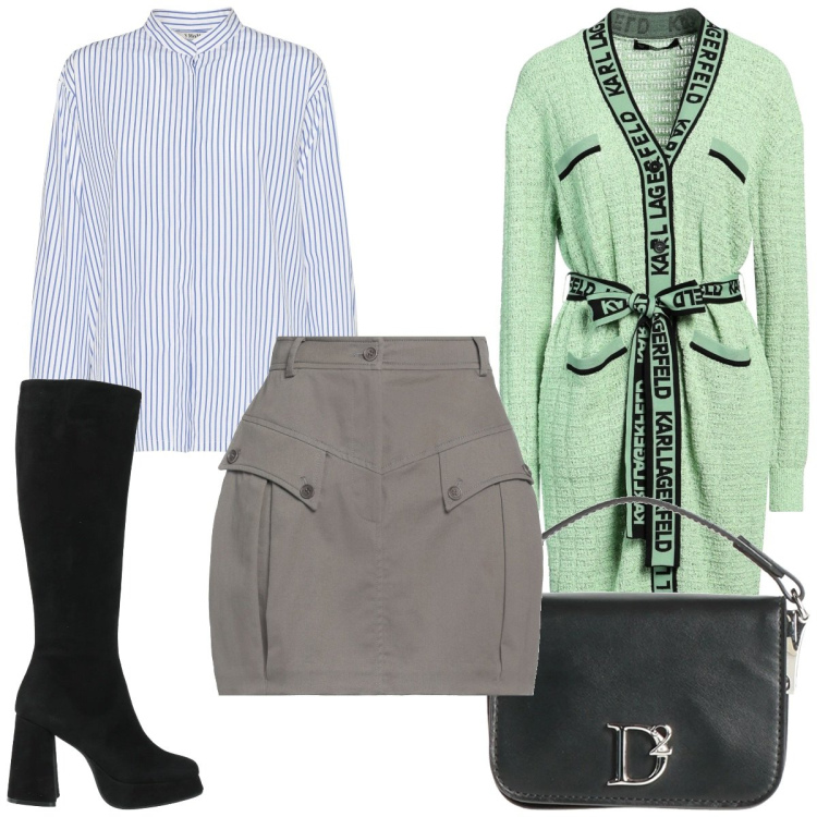 Outfit donna - Total look #2046215. Stile Trendy per Tutti i giorni. Abbinamento con minigonne, cardigans, stivali, borse a mano, camicie.