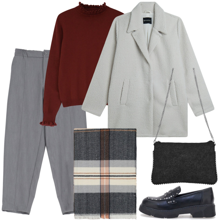 Outfit donna - Cappotto e sciarpa. Stile Casual per Tutti i giorni. Abbinamento con borse a tracolla, sciarpe, maglieria, pantaloni, cappotti, mocassini.