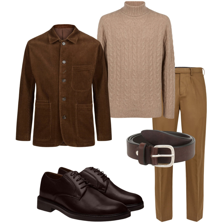 Outfit uomo - In città. Stile Urban per Ufficio. Abbinamento con cinture, scarpe stringate, giacche, maglieria, pantaloni.