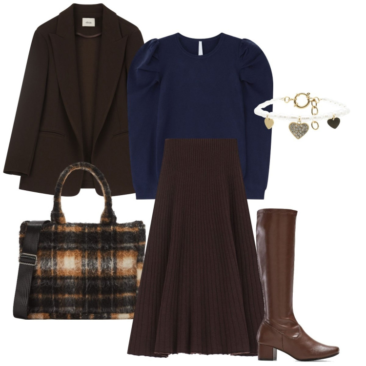 Outfit donna - La gonna plissè. Stile Bon Ton per Ufficio. Abbinamento con stivali, shopping bag, maglieria, gonne longuette, braccialetti, blazer.