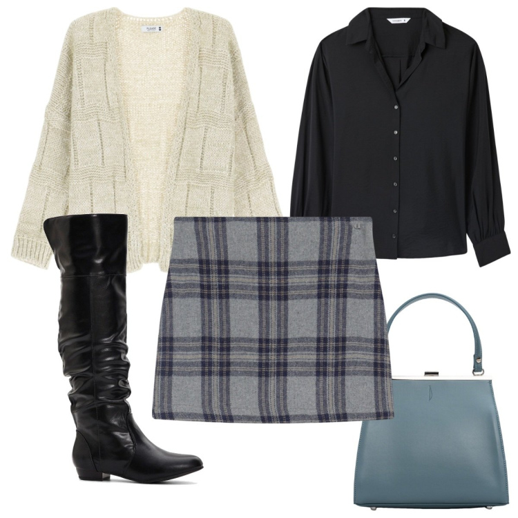 Outfit donna - Total look #2046233. Stile Trendy per Tutti i giorni. Abbinamento con stivali sopra il ginocchio, camicie, cardigans, minigonne, clutch.