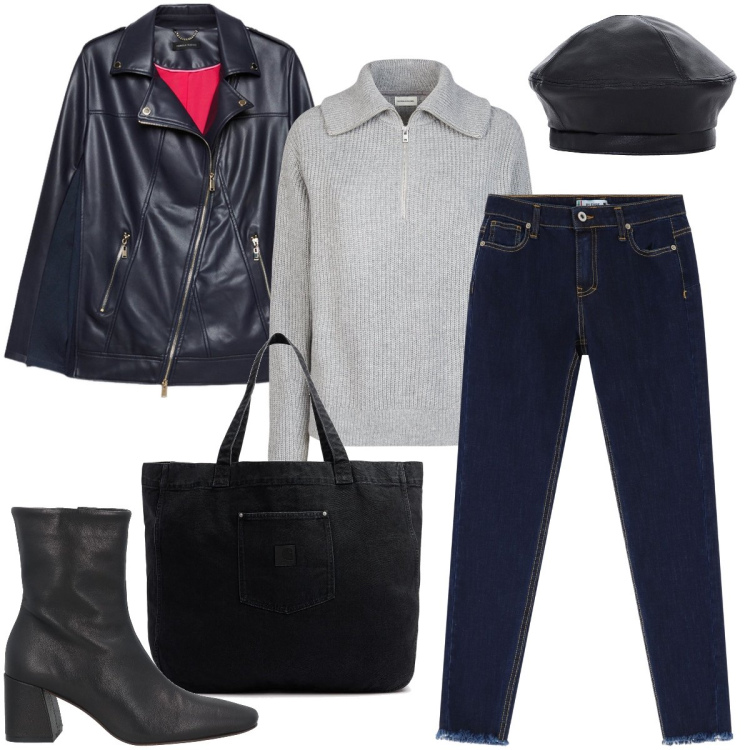 Outfit donna - Il jeans scuro. Stile Urban per Tutti i giorni. Abbinamento con stivaletti, cappelli e berretti, jeans skinny, maglieria, giacche, shopping bag.