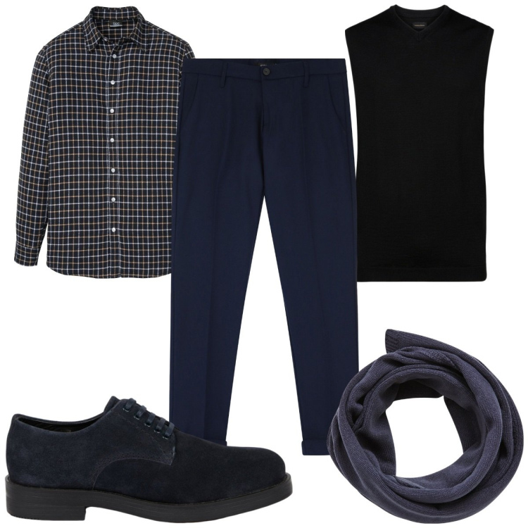 Outfit uomo - Total look #2046249. Stile Casual per Tutti i giorni. Abbinamento con camicie, sciarpe, pantaloni chino, gilet, scarpe stringate.