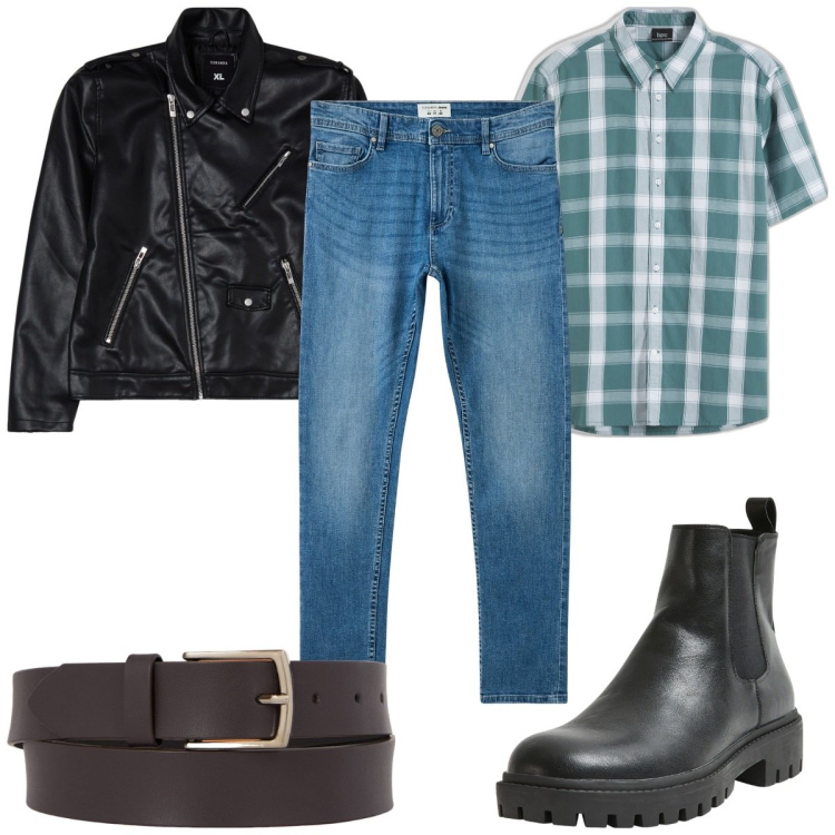 Outfit uomo - Total look #2046257. Stile Casual per Tutti i giorni. Abbinamento con camicie a manica corta, jeans skinny, giacche, stivali e stivaletti, cinture.