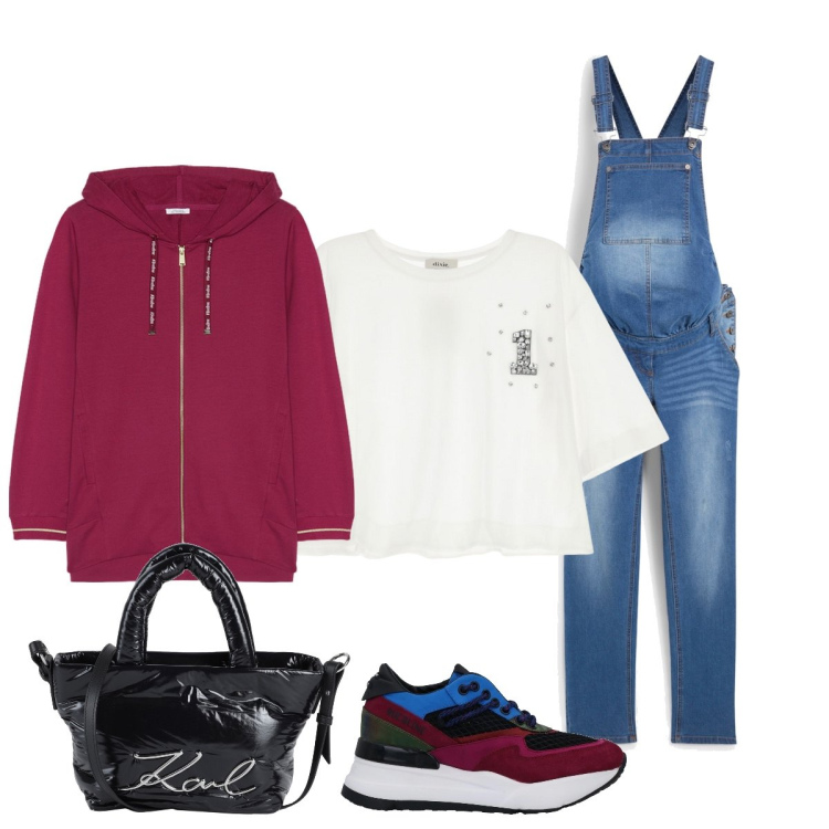 Outfit donna - Salopette e felpa over must have anni 90. Stile Casual per Tutti i giorni. Abbinamento con salopette, sneakers, borse a mano, t-shirt, felpe con cappuccio.
