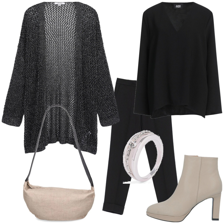 Outfit donna - Traforato. Stile Chic per Ufficio. Abbinamento con anelli, stivaletti, top, kimono, pantaloni, borse a spalla.