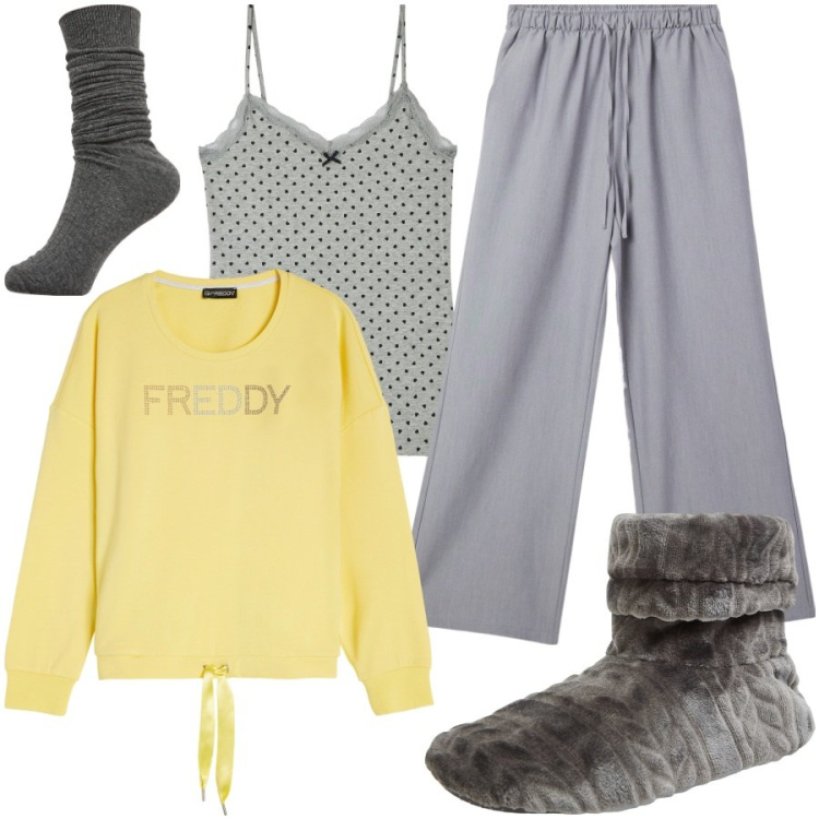 Outfit donna - Domenica pigra. Stile Casual per Tutti i giorni. Abbinamento con pantaloni, magliette intime, pantofole, calzini, felpe.
