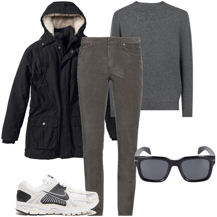 Outfit uomo - Domenica relax. Stile Casual per Tutti i giorni. Abbinamento con parka, pantaloni, maglieria, occhiali da sole, sneakers.