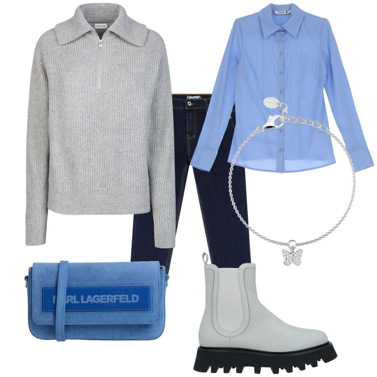 Outfit donna - La polo calda. Stile Casual chic per Tutti i giorni. Abbinamento con stivaletti chelsea, borse a tracolla, camicie, jeans skinny, braccialetti con ciondoli, polo.