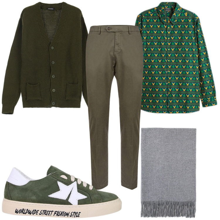 Outfit uomo - Total look #2046287. Stile Trendy per Tutti i giorni. Abbinamento con camicie, sneakers, sciarpe, cardigans, pantaloni chino.