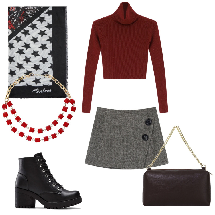Outfit donna - Mini. Stile Casual chic per Tutti i giorni. Abbinamento con stivaletti, minigonne, maglieria, borse a tracolla, collane, foulard.