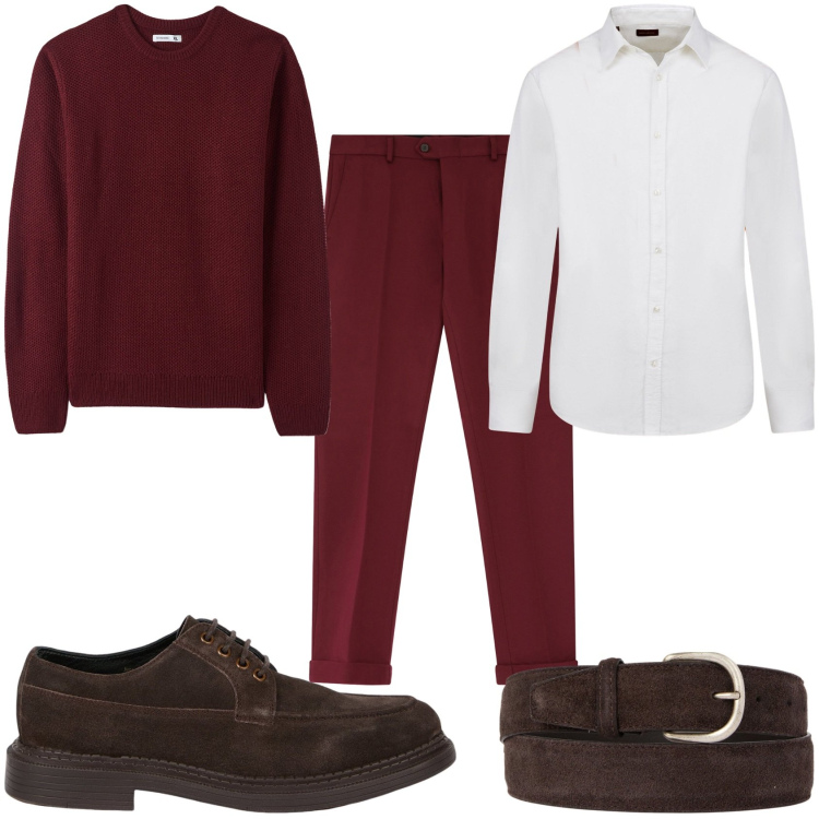 Outfit uomo - Bordeaux per me. Stile Trendy per Tutti i giorni. Abbinamento con maglieria, pantaloni, camicie, cinture, scarpe stringate.
