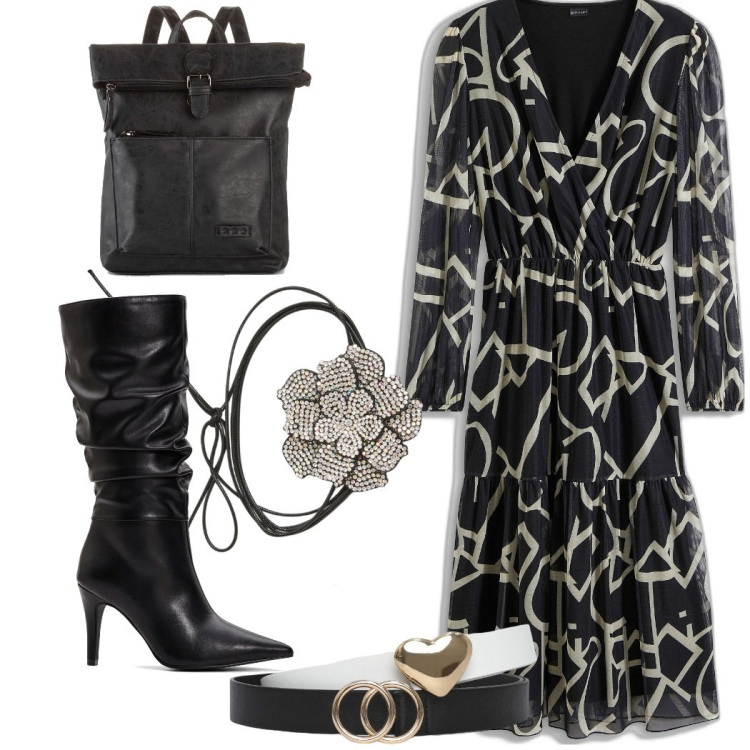 Outfit donna - Boho chic. Stile Boho per Serata fuori. Abbinamento con zaini, vestiti midi/longuette, stivali, collane, cinture.