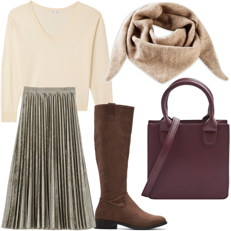 Outfit donna - L\'eleganza della gonna similpelle. Stile Glamour per Tutti i giorni. Abbinamento con stivali, foulard, shopping bag, maglieria, gonne longuette.