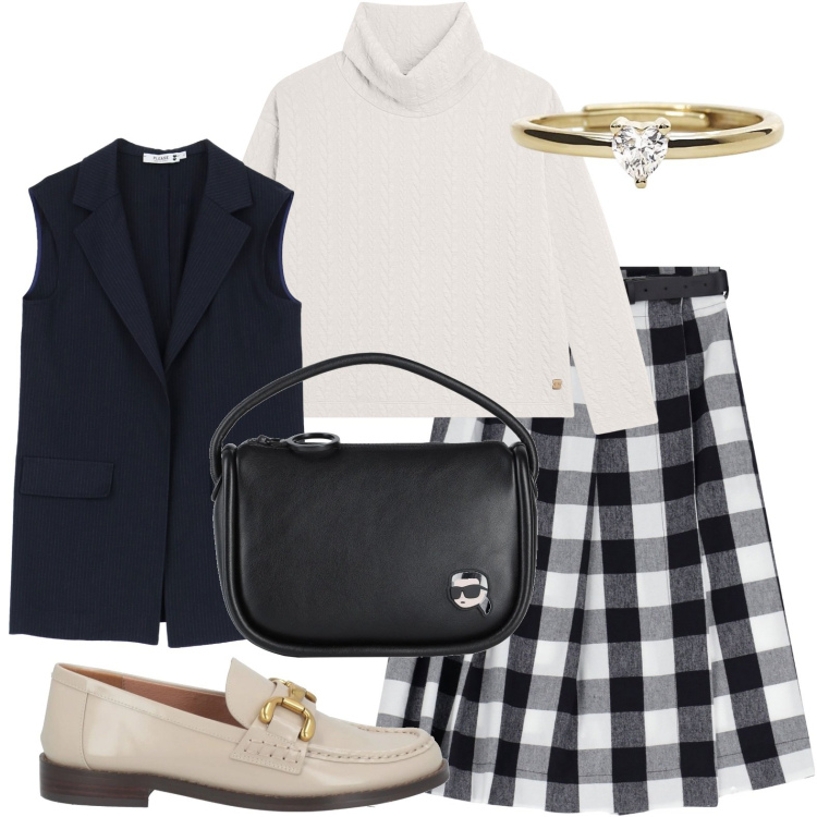 Outfit donna - Lo scozzese è di moda. Stile Minimal per Scuola/Università. Abbinamento con mocassini, borse a mano, anelli, gilet, maglieria, gonne.
