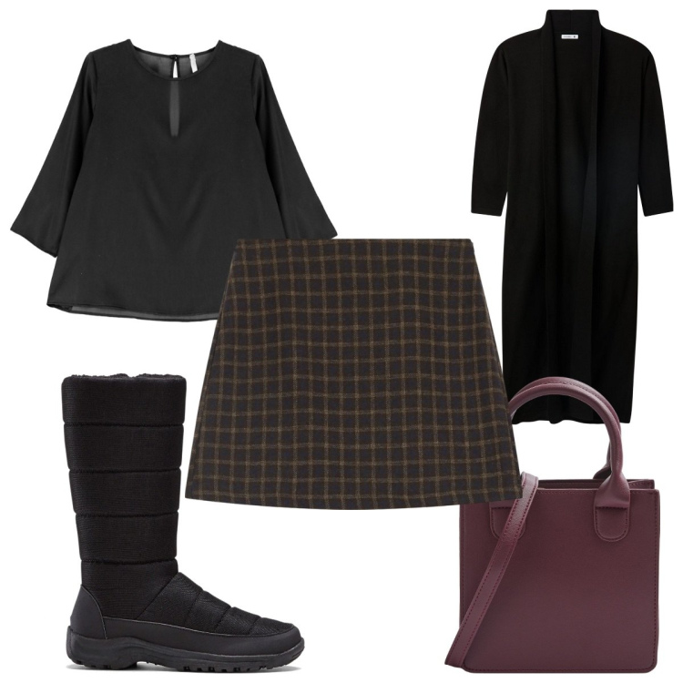 Outfit donna - Total look #2046330. Stile Trendy per Tutti i giorni. Abbinamento con stivali, cardigans, shopping bag, camicie, minigonne.