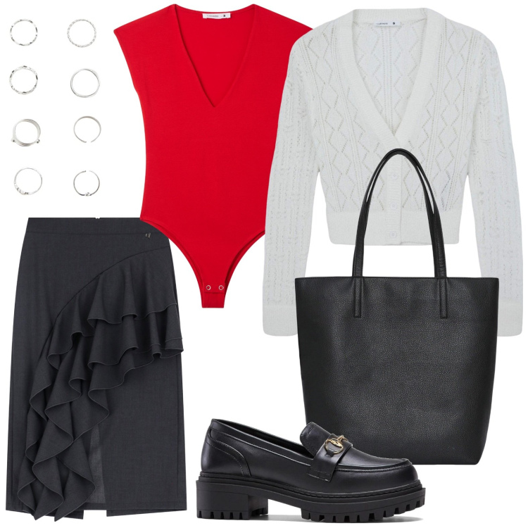 Outfit donna - Rouches in vista. Stile Casual per Tutti i giorni. Abbinamento con mocassini, borse tote, cardigans, anelli, body, gonne.