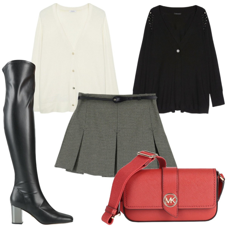 Outfit donna - Total look #2046332. Stile Trendy per Tutti i giorni. Abbinamento con stivali, borse a tracolla, minigonne, cardigans, cardigans.