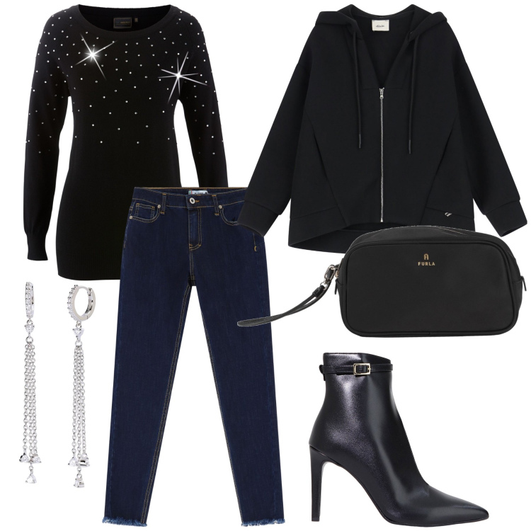 Outfit donna - La maglietta luccicante. Stile Chic per Serata fuori. Abbinamento con maglieria, valigie, jeans skinny, orecchini, stivaletti, blazer.