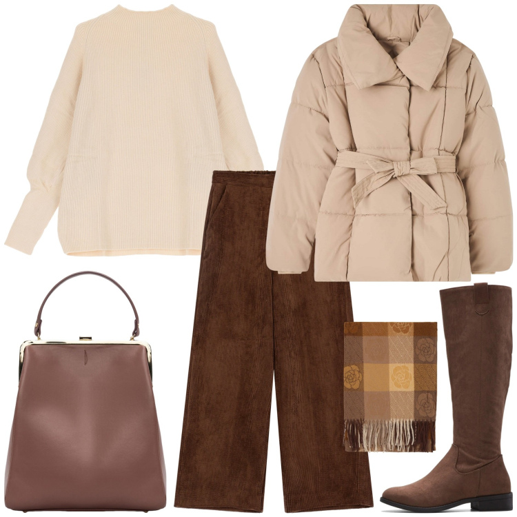 Outfit donna - Sfumature. Stile Casual chic per Tutti i giorni. Abbinamento con stivali, piumini, foulard, pantaloni, maglieria, borse a spalla.