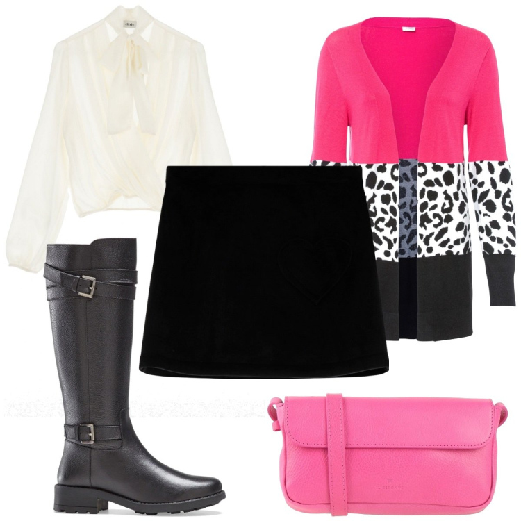 Outfit donna - Total look #2046351. Stile Trendy per Tutti i giorni. Abbinamento con stivali, cardigans, borse a tracolla, camicie, minigonne.
