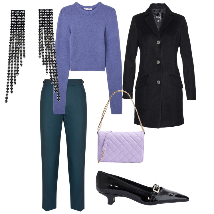 Outfit donna - Dalla mattina a sera. per Tutti i giorni. Abbinamento con cappotti, maglieria, borse a tracolla, ballerine, orecchini, pantaloni.