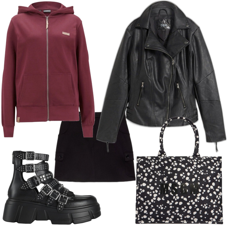 Outfit donna - Borchie e chiodo. Stile Rock per Scuola/Università. Abbinamento con blazer, felpe con cappuccio, stivaletti, minigonne, shopping bag.