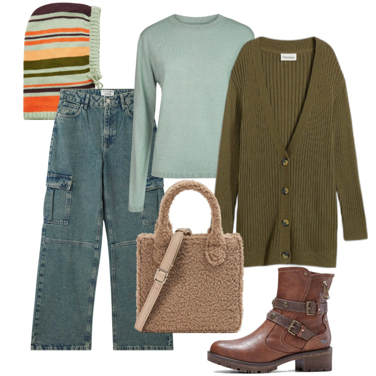 Outfit donna - Pomeriggio libero. Stile Casual per Tutti i giorni. Abbinamento con cardigans, stivaletti, cappelli, jeans, shopping bag, maglieria.