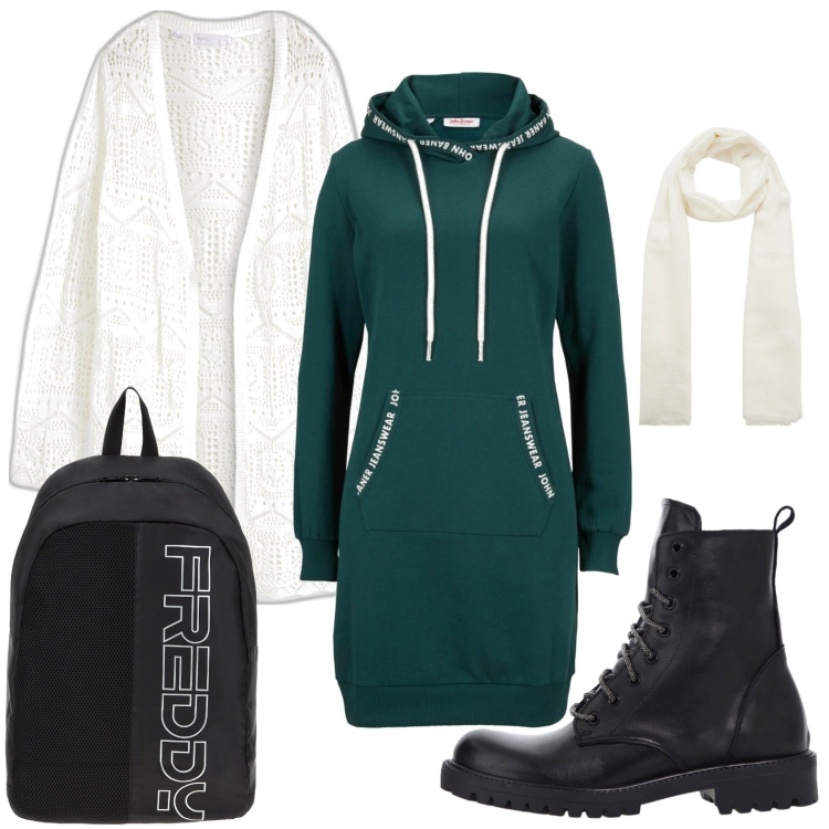 Outfit donna - Il vestito felpato. Stile Casual per Scuola/Università. Abbinamento con vestiti, cardigans, sciarpe, stivaletti, zaini.