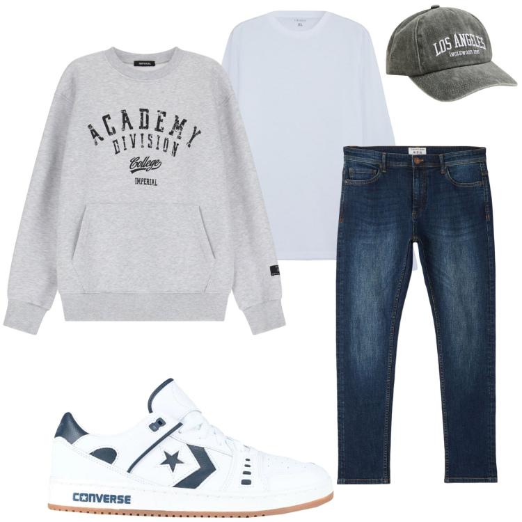 Outfit uomo - Basic style. Stile Casual per Tutti i giorni. Abbinamento con sneakers, cappelli, t-shirt, jeans skinny, felpe.