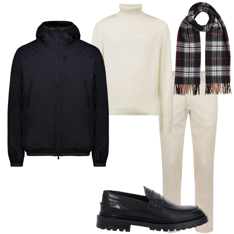 Outfit uomo - Black and White. Stile Urban per Ufficio. Abbinamento con scarpe stringate, pantaloni, maglieria, giacche, sciarpe.