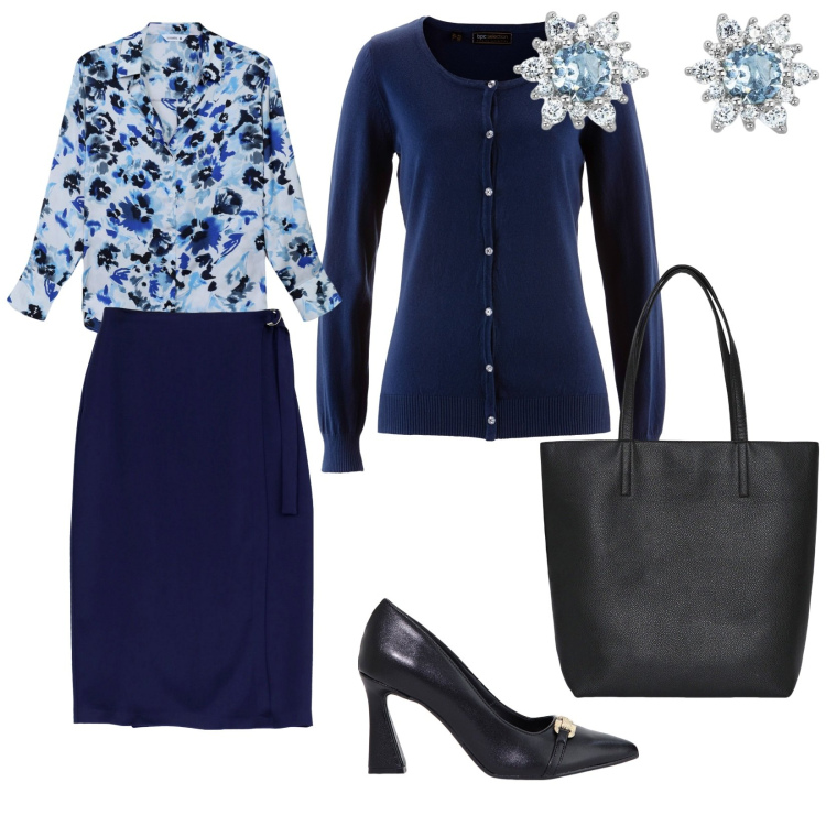 Outfit donna - Tonalità del blu. per Ufficio. Abbinamento con cardigans, camicie, borse tote, orecchini, stivaletti, gonne longuette.
