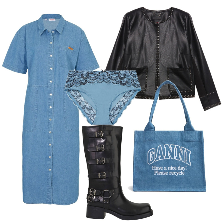 Outfit donna - Chemisier in jeans. Stile Minimal per Scuola/Università. Abbinamento con vestiti, culotte, stivali, shopping bag, blazer.