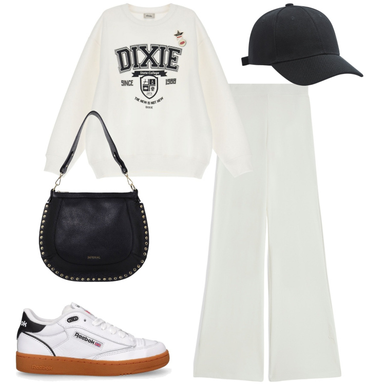 Outfit donna - City. Stile Casual per Tutti i giorni. Abbinamento con cappelli, borse a spalla, pantaloni, felpe, sneakers.