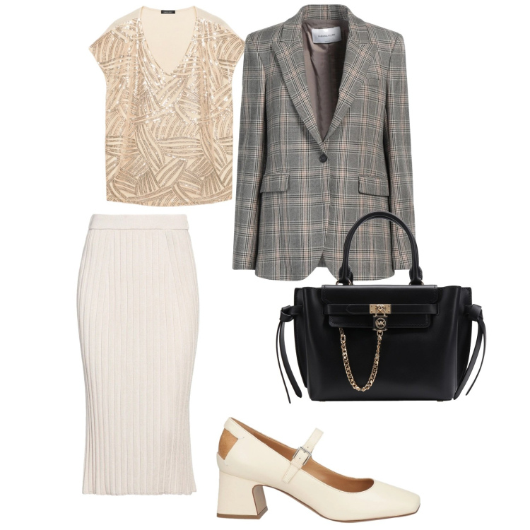 Outfit donna - Outfit primavera. per Scuola/Università. Abbinamento con blazer, gonne longuette, décolleté, borse a mano, t-shirt.