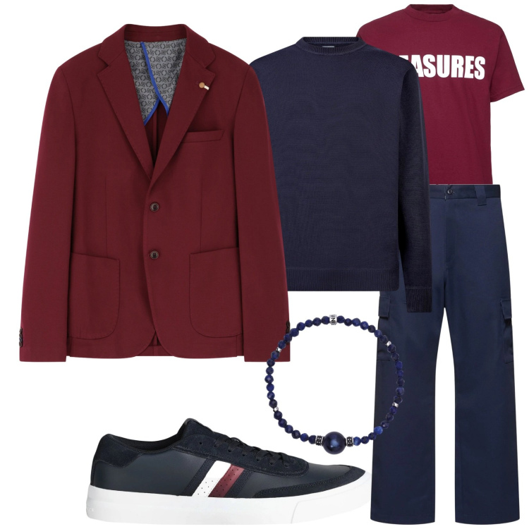 Outfit uomo - Il blazer da mattina a sera. Stile Trendy per Tutti i giorni. Abbinamento con sneakers, braccialetti, giacche, maglieria, pantaloni cargo, t-shirt.