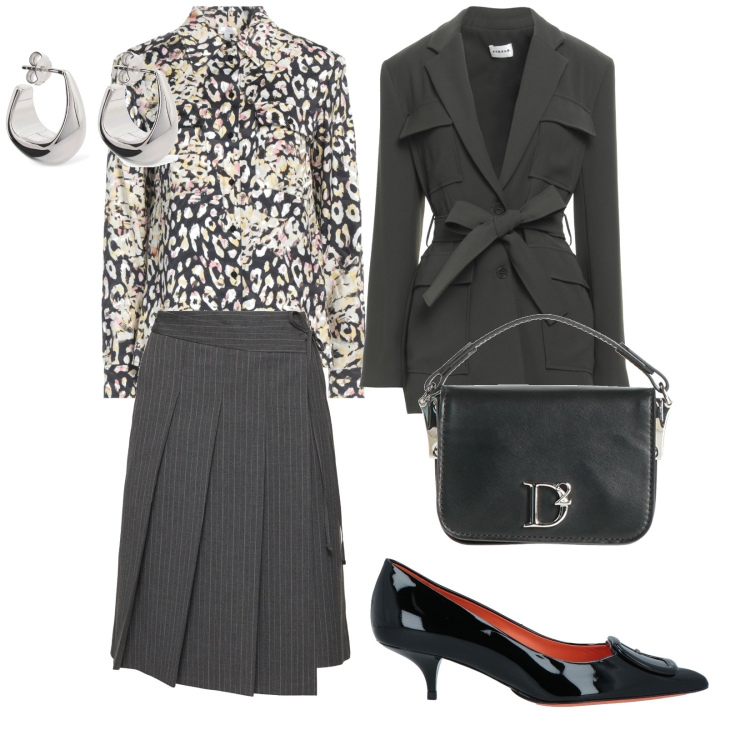 Outfit donna - Elegante. per Tutti i giorni. Abbinamento con camicie, décolleté, blazer, borse a mano, orecchini, gonne longuette.