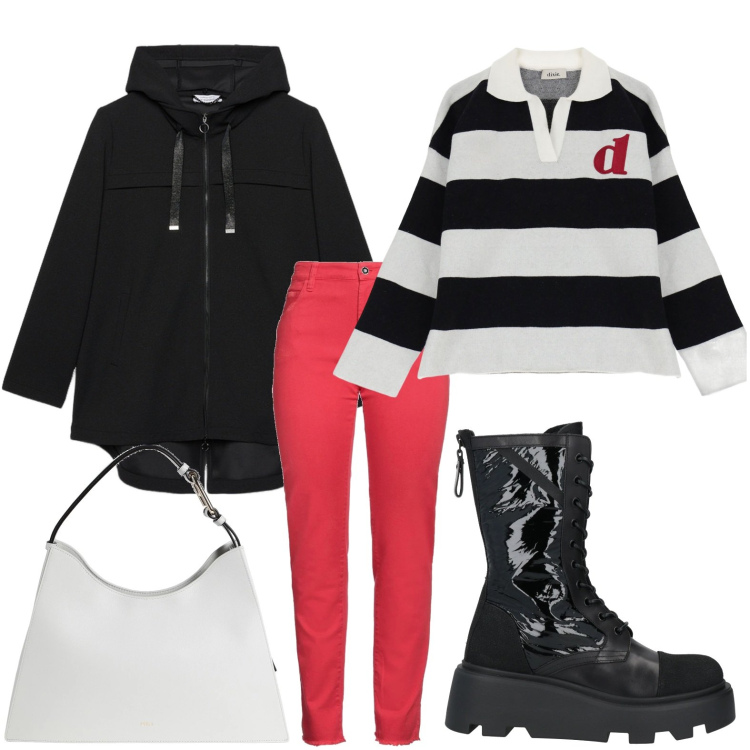 Outfit donna - Righe orizzontali. Stile Minimal per Scuola/Università. Abbinamento con anfibi, borse a mano, pantaloni, polo, parka.