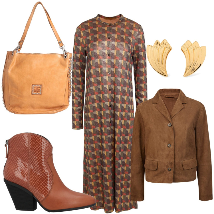 Outfit donna - Chemisier con stampa. Stile Etnico per Scuola/Università. Abbinamento con stivaletti texani, vestiti midi/longuette, borse a mano, blazer, orecchini.