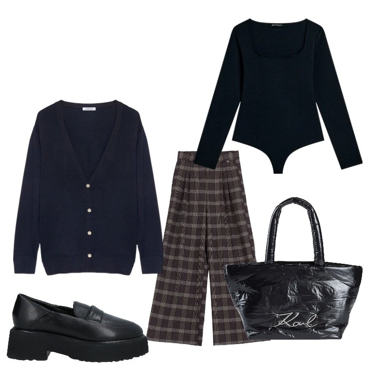 Outfit donna - A quadretti. Stile Casual chic per Ufficio. Abbinamento con borse a mano, mocassini, pantaloni, body, cardigans.