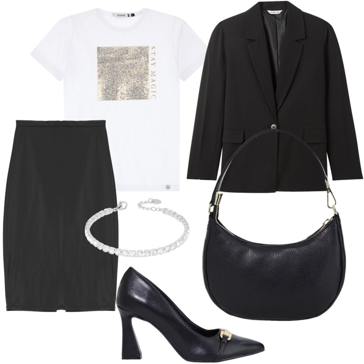 Outfit donna - Elegante low cost. Stile Chic per Ufficio. Abbinamento con blazer, t-shirt, stivaletti, braccialetti, gonne, borse a spalla.