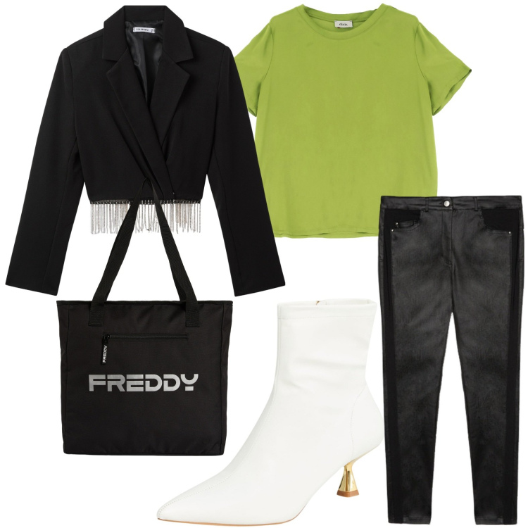 Outfit donna - Blazer con applicazioni. Stile Glamour per Ufficio. Abbinamento con stivaletti, blazer, t-shirt, shopping bag, pantaloni skinny.
