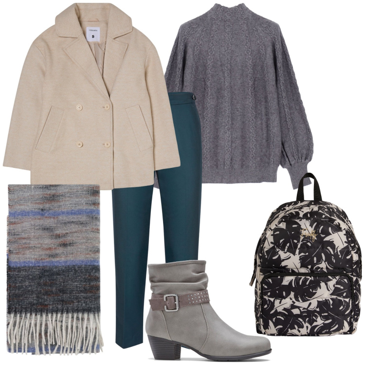 Outfit donna - Sunday afternoon. Stile Urban per Tutti i giorni. Abbinamento con stivaletti, caban, foulard, zaini, maglieria, pantaloni.
